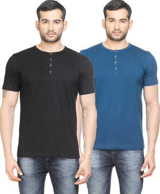 

Poshuis Solid Men's Henley Black, Blue T-Shirt(Pack of 2, Black;petrol blue