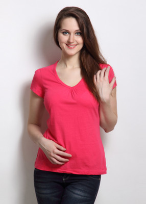 

Rigo Solid Women's V-neck Pink T-Shirt