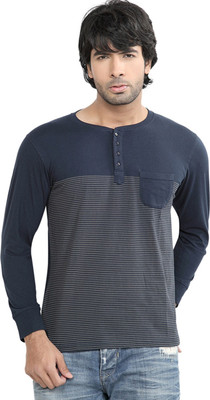 

DIFFERENCE OF OPINION Striped Men's Henley Dark Blue T-Shirt, Navy