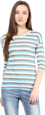 

Hypernation Striped Women' Round Neck Blue, Grey, White T-Shirt, Multicolor