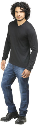 Oviyon Solid Men' V-neck Black T-Shirt, Jet black