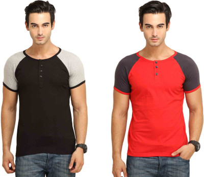 

Fio Solid Men' Henley Black, Grey, Red T-Shirt(Pack of 2