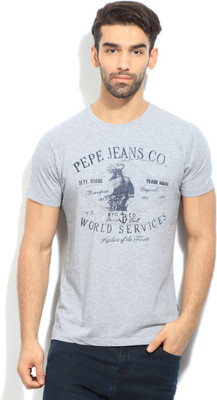 

Pepe Jeans Printed Men's Round Neck Grey T-Shirt, Gr-melan