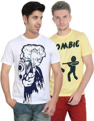 

Algotton Graphic Print Men's Round Neck White, Yellow T-Shirt(Pack of 2)