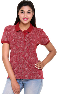 

Colors & Blends Printed Women's Polo Neck Red T-Shirt, Mahroon