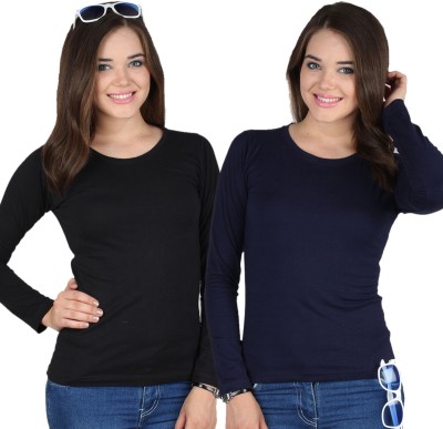 

SayItLoud Solid Women's Round Neck Black, Blue T-Shirt(Pack of 2, Black;navy blue