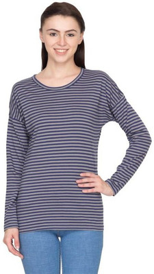

Hypernation Striped Women's Round Neck Blue, Grey T-Shirt