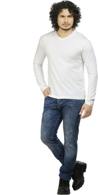 Oviyon Solid Men's V-neck White T-Shirt, Snow white