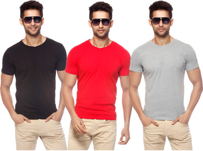 

Gritstones Solid Men's V-neck Multicolor T-Shirt(Pack of 3), Black;grey melange;red