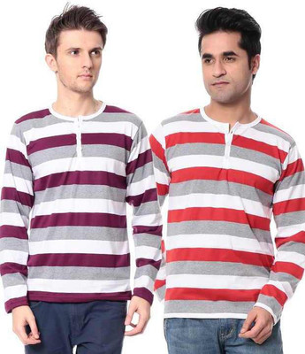 

Leana Striped Men's Fashion Neck Purple, Red T-Shirt(Pack of 2, Multi