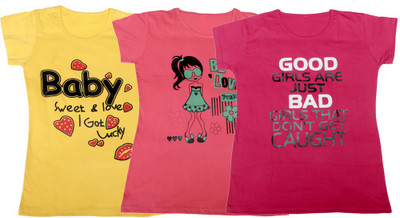 

IndiWeaves Girls Printed, Solid T Shirt(Multicolor, Yellow & pink & pink