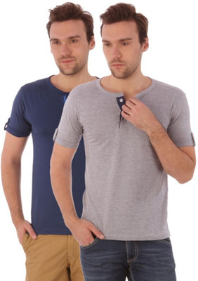 

Campus Sutra Solid Men Henley Blue, Grey T-Shirt(Pack of 2