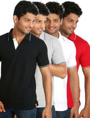 

Campus Sutra Solid Men Polo Neck Black, Grey, White, Red T-Shirt(Pack of 4