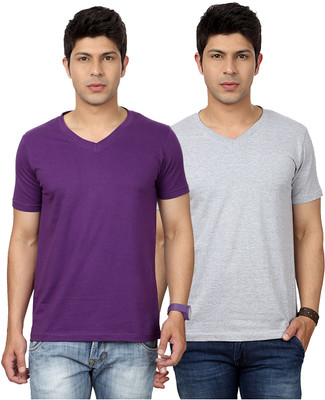 

Top Notch Solid Men's V-neck Purple, Grey T-Shirt(Pack of 2), Purple;grey melange
