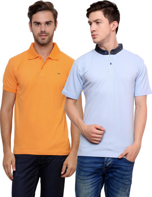 

Lemon & Vodka Solid Men' Mandarin Collar Orange, Light Blue T-Shirt(Pack of 2