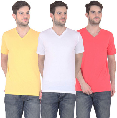 

FnMe Solid Men's V-neck Multicolor T-Shirt(Pack of 3, Carrot;white;yellow