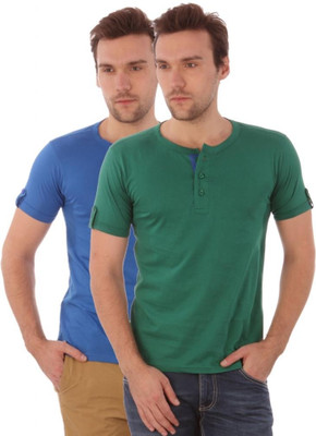 

Campus Sutra Solid Men Henley Blue, Green T-Shirt(Pack of 2, Green;royal blue