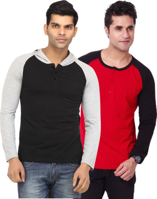 Leana Solid Men's Henley Multicolor T-Shirt(Pack of 2