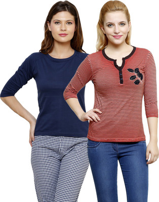 

LimeBerry Striped Women's V-neck Red, Dark Blue T-Shirt(Pack of 2, Dark blue;red