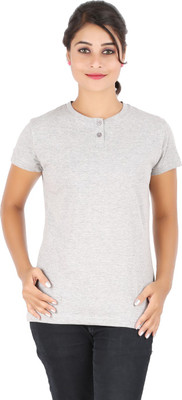 

Ap'pulse Solid Women's Henley Grey T-Shirt, Grey melange