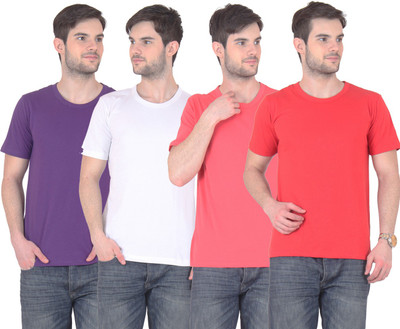 

E'Hiose Solid Men's Round Neck Multicolor T-Shirt(Pack of 4, Gajri;purple;red;white