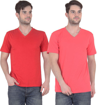 

FnMe Solid Men' V-neck Multicolor T-Shirt(Pack of 2, Carrot;red
