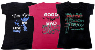 

IndiWeaves Girls Printed, Solid T Shirt(Multicolor, Black & pink & black