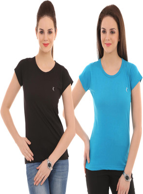 

Ultra Fit Solid Women's Round Neck Black, Blue T-Shirt(Pack of 2), Black;skyblue