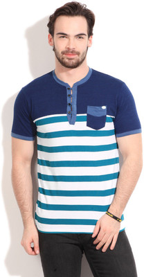 

Breakbounce Striped Men's Henley Blue T-Shirt, Sea blue