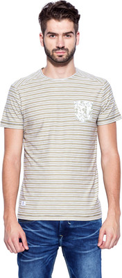 

Mufti Striped Men's Round Neck Beige, White T-Shirt, Khaki