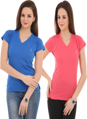 

Ultra Fit Solid Women's V-neck Pink, Blue T-Shirt(Pack of 2), Blue;pink