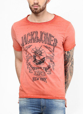 Jack & Jones Graphic Print Men's Round Neck Orange T-Shirt, Baked apple