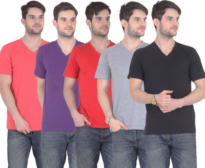 

FnMe Solid Men' V-neck Multicolor T-Shirt(Pack of 5, Black;carrot;grey;purple;red