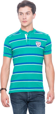 

Mufti Striped Men's Mandarin Collar Green T-Shirt