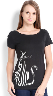 

Ten on Ten Printed Women's Round Neck Black T-Shirt