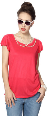 People Solid Women' Round Neck Pink T-Shirt