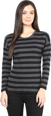 

Hypernation Striped Women's Round Neck Black, Grey T-Shirt
