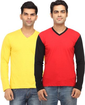 

Leana Solid Men's V-neck Yellow, Red T-Shirt(Pack of 2, Red;yellow