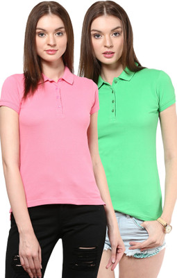 

Trend18 Solid Women's Polo Neck Green, Pink T-Shirt(Pack of 2)