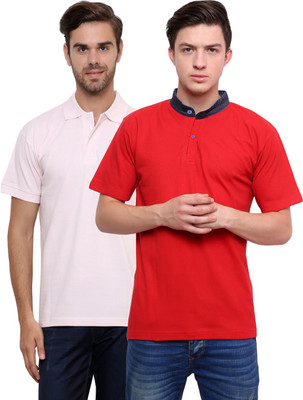 

Lemon & Vodka Solid Men's Mandarin Collar White, Red T-Shirt(Pack of 2