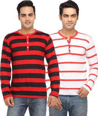 Leana Striped Men's Fashion Neck Red, Red T-Shirt(Pack of 2