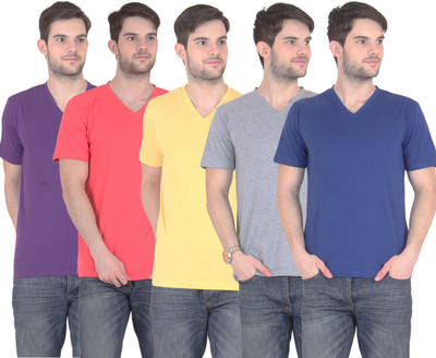 

E'Hiose Solid Men' V-neck Multicolor T-Shirt(Pack of 5, Blue;carrot;grey;purple;yellow