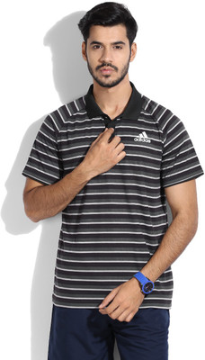 

ADIDAS Striped Men's Polo Neck Black, Grey T-Shirt