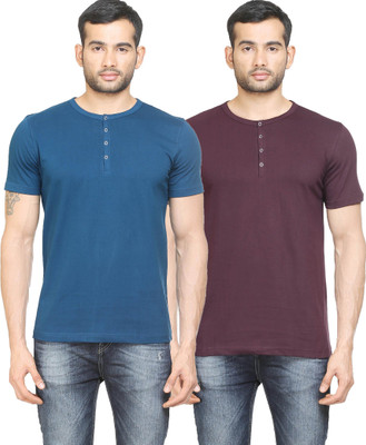 

Poshuis Solid Men' Henley Blue, Maroon T-Shirt(Pack of 2, Dark maroon;petrol blue