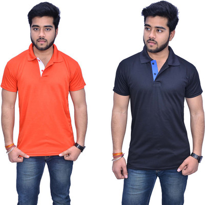 Himgiri Solid Men Polo Neck Light Blue, White, Black, Orange T-Shirt(Pack of 2)