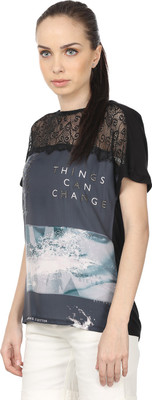 

Raw Designs Printed Women's Round Neck Beige, Black T-Shirt, Attractive black;decent beige
