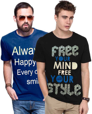 

Cool Club Printed Men' Round Neck Blue, Black T-Shirt(Pack of 2, Black;blue