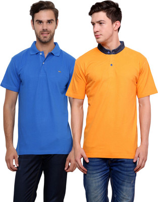 Lemon & Vodka Solid Men' Mandarin Collar Blue, Orange T-Shirt(Pack of 2