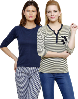 

LimeBerry Solid Women's V-neck Yellow, Dark Blue T-Shirt(Pack of 2, Dark blue;yellow