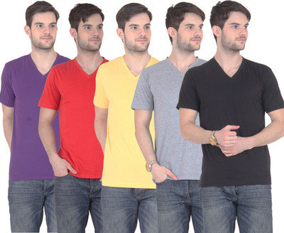 

FnMe Solid Men's V-neck Multicolor T-Shirt(Pack of 5, Black;grey;purple;red;yellow